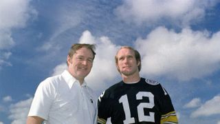 Steelers reserve quarterback Terry Bradshaw, sporting an early beard, warms  up his throwing arm on the sideline prior to entering 17-0 loss to the  Oakland Raiders in Pittsburgh, Sept. 29, 1974. Bradshaw