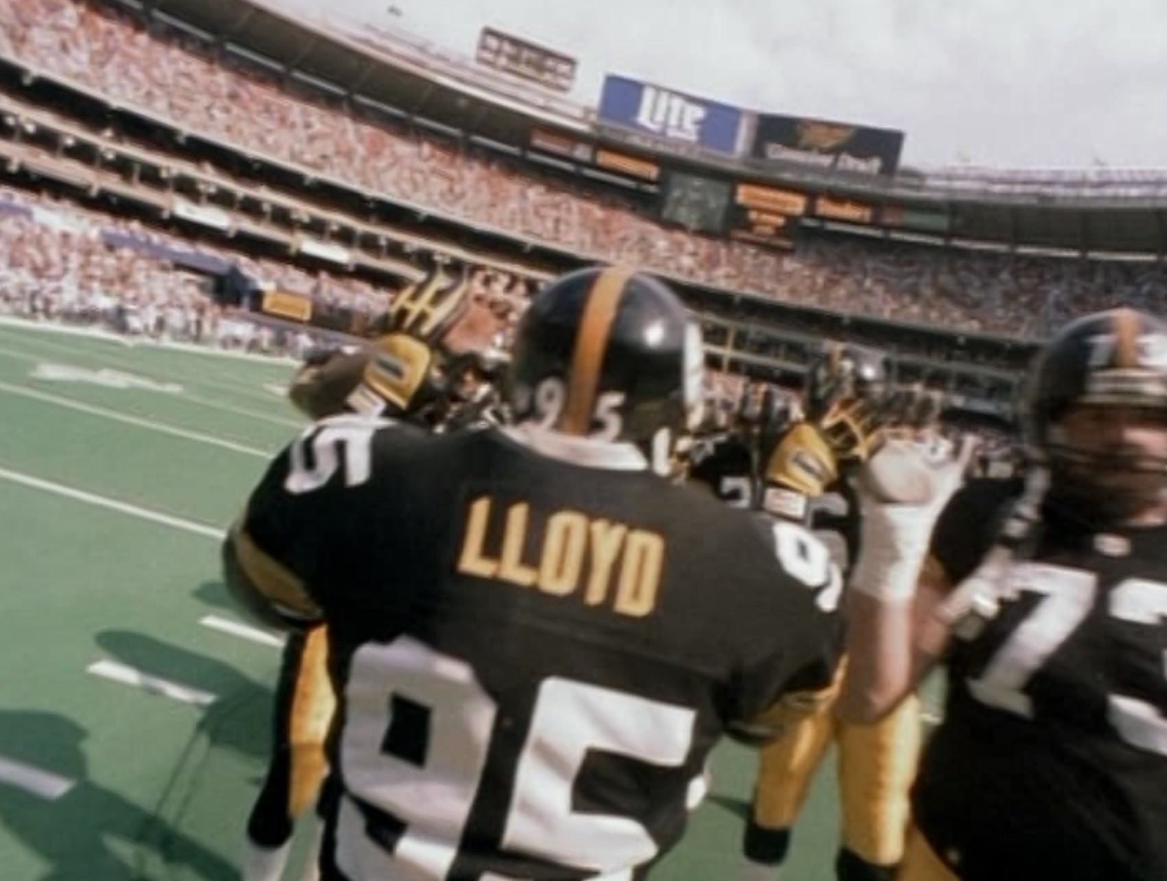 Steelers Greg Lloyd on the sidelines during playoff action against the  Cleveland Browns in Pittsburgh Jan. 7, 1995 . Lloyd saw what happened to a  Green Bay defender and vows he won't