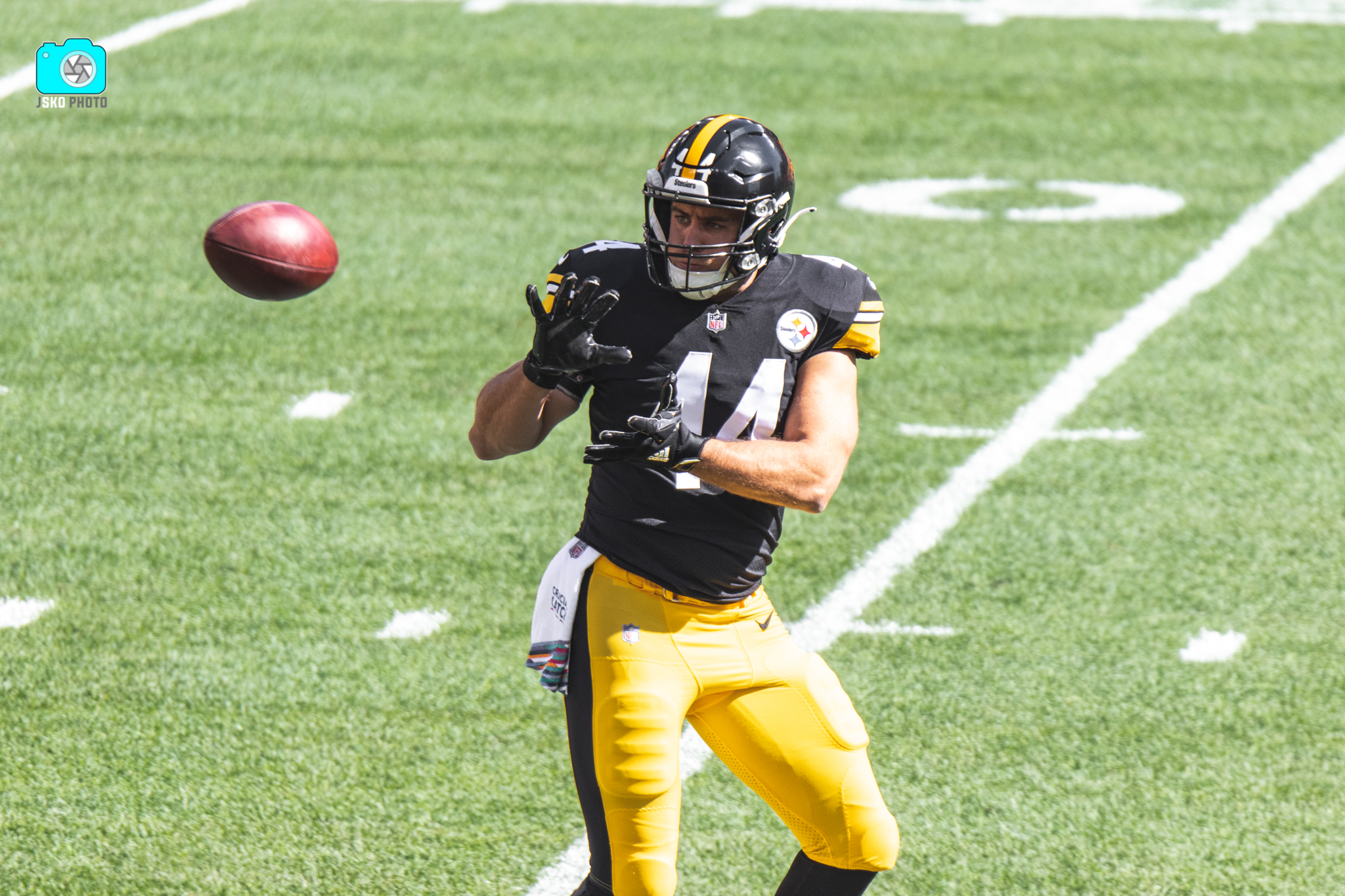 Derek Watt of the Pittsburgh Steelers celebrates a touchdown with