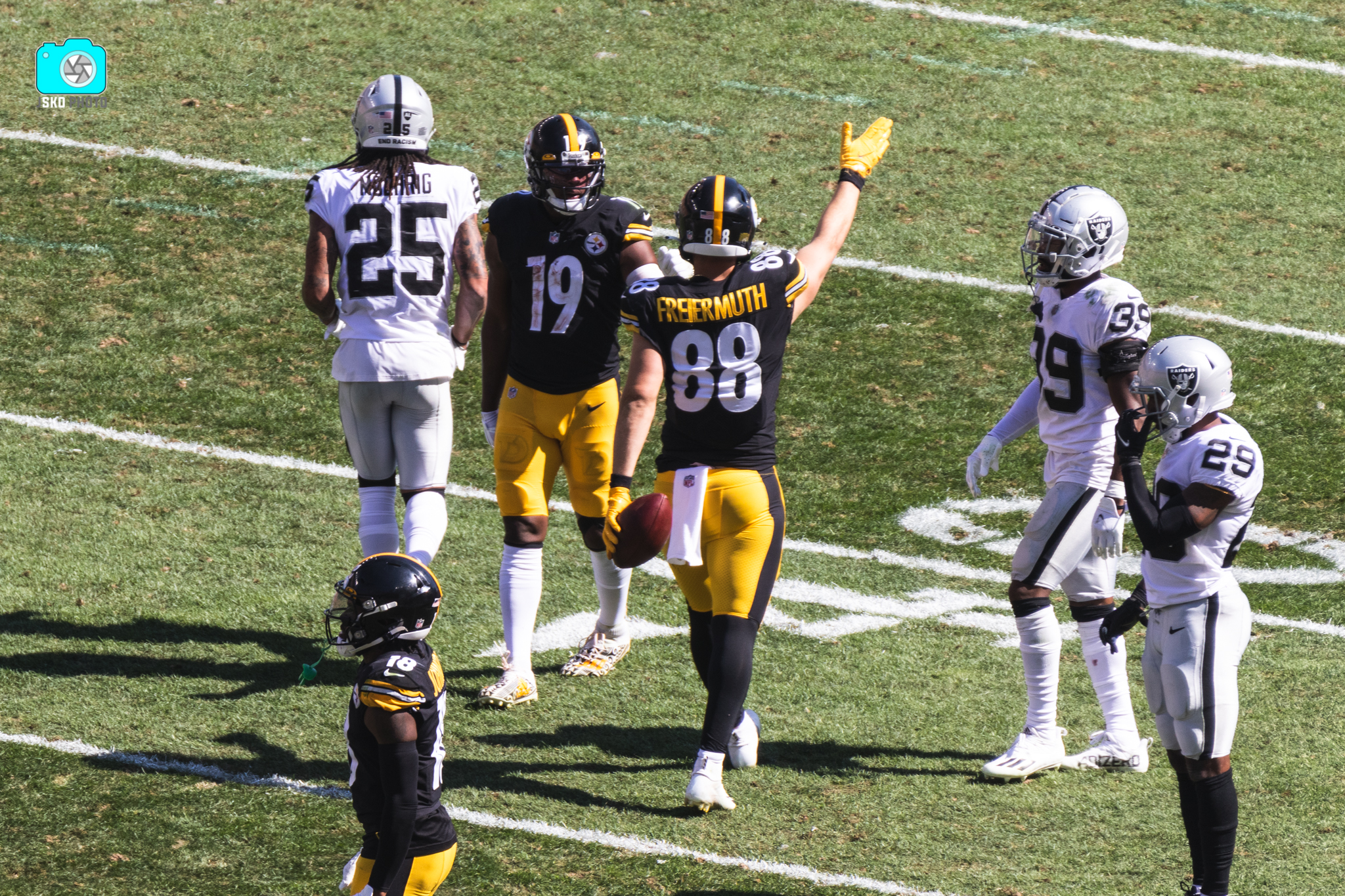 Pittsburgh Steelers tight end Pat Freiermuth (88) scores a touchdown in the  first half of an NFL preseason football game against the Buffalo Bills, in  Pittsburgh, Saturday, Aug. 19, 2023. (AP Photo/Gene