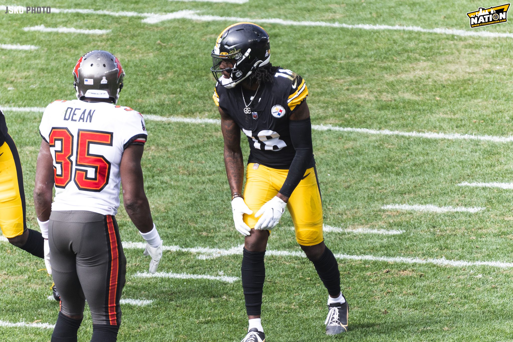 Diontae Johnson of the Pittsburgh Steelers lines up during the