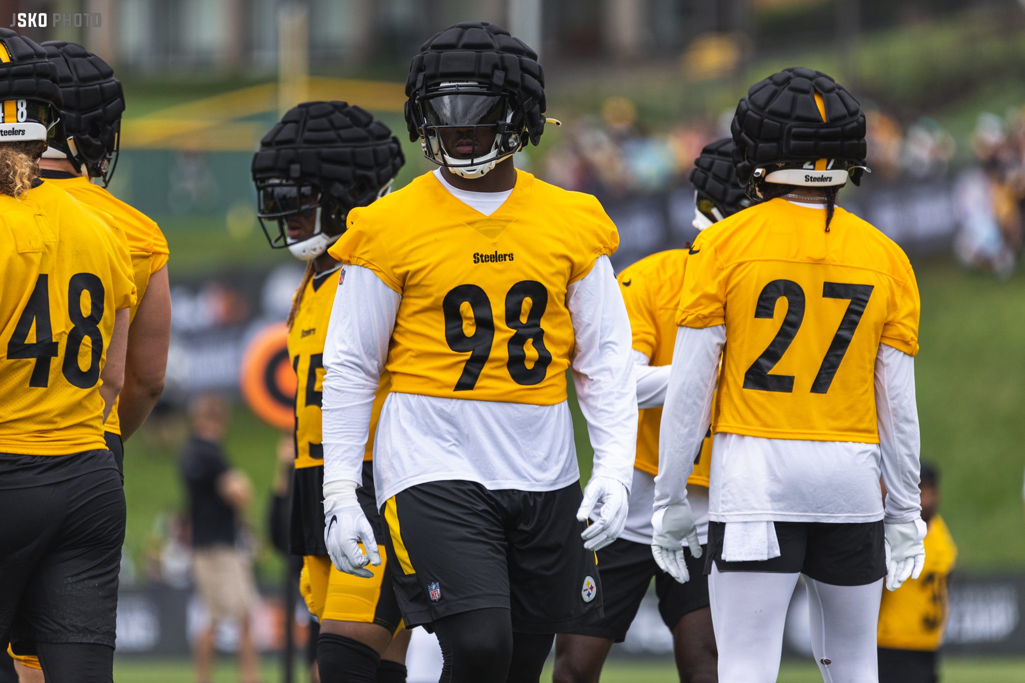 Pittsburgh Steelers defensive end DeMarvin Leal (98) sets up for a play  during the first half of a preseason NFL football game against the  Jacksonville Jaguars, Saturday, Aug. 20, 2022, in Jacksonville