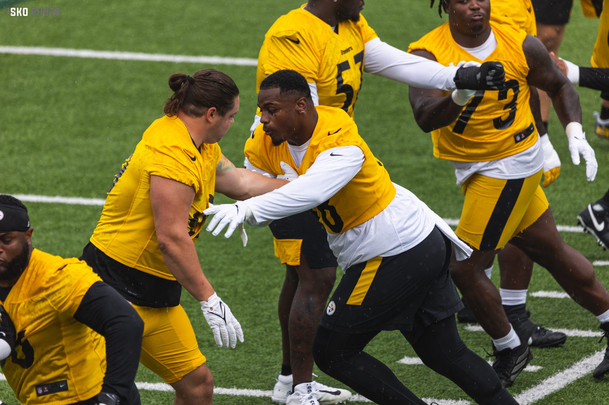 Pittsburgh Steelers defensive end DeMarvin Leal (98) sets up for a play  during the first half of a preseason NFL football game against the  Jacksonville Jaguars, Saturday, Aug. 20, 2022, in Jacksonville