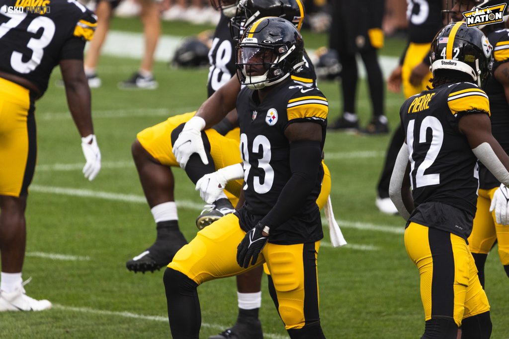 Pittsburgh Steelers linebacker Devin Bush (55) plays air-guitar as he  celebrates against the Cleveland Browns during an NFL football game,  Sunday, Dec. 1, 2019, in Pittsburgh. (AP Photo/Gene J. Puskar Stock Photo 