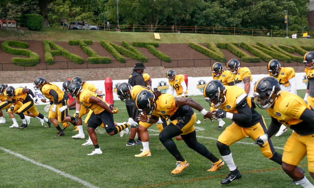 Pittsburgh Steelers linebacker T.J. Watt (90) stretches during an NFL  training camp football practice, Wednesday, Aug. 9, 2017, in Latrobe, Pa.  (AP Photo/Keith Srakocic)