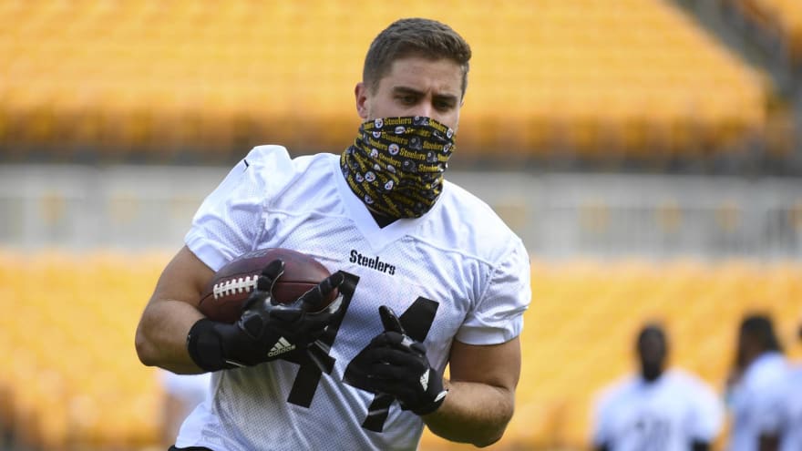 CHARLOTTE, NC - DECEMBER 18: Pittsburgh Steelers running back Derek Watt  (44) during an NFL football game between the Pittsburg Steelers and the  Carolina Panthers on December 18, 2022 at Bank of