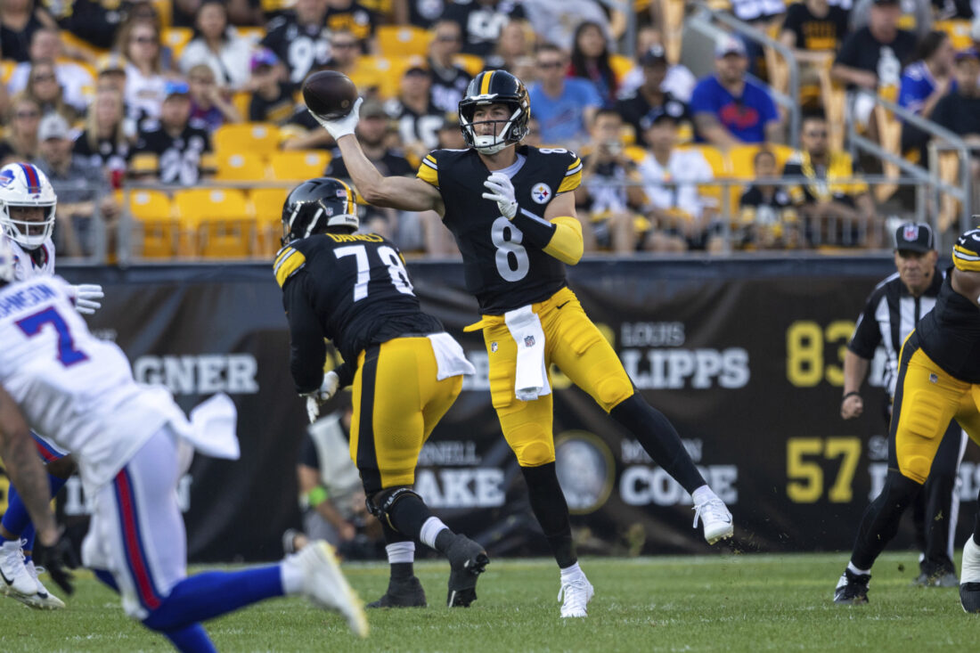 Pittsburgh Steelers tight end Pat Freiermuth (88) celebrates after scoring  a touchdown in the first half of an NFL preseason football game against the  Buffalo Bills, in Pittsburgh, Saturday, Aug. 19, 2023. (