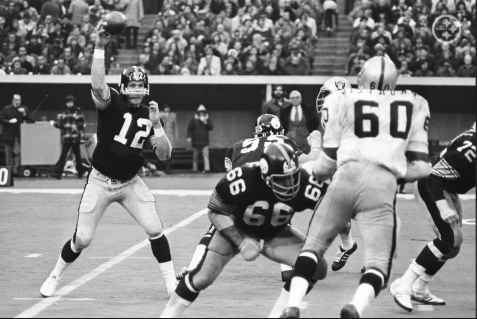 Quarterback Terry Bradshaw of the Pittsburgh Steelers throws a pass