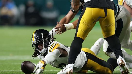 Steelers' Najee Harris fumbles the football against the Eagles.