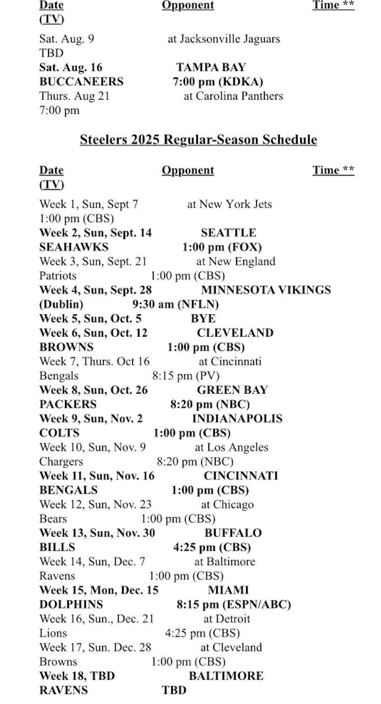 Steelers 2025 Schedule