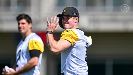 Pittsburgh Steelers quarterback Will Howard attempts a pass with veteran Mason Rudolph in the background. Pittsburgh Steelers quarterback Will Howard attempts a pass with veteran Mason Rudolph in the background.