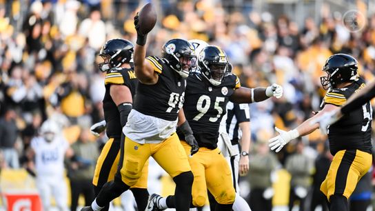 Steelers defensive lineman, Derrick Harmon, celebrates after recovering a fumble in Pittsburgh's 27-20 win over the Indianapolis Colts in Week 9 of the 2025 NFL Season.