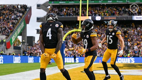 DK Metcalf celebrates after a touchdown during the Steelers' 24-21 win over the Minnesota Vikings at Croke Park in Dublin, Ireland