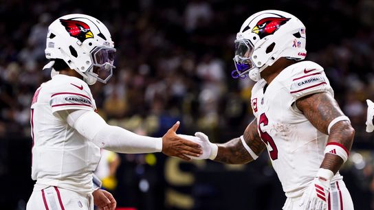 Arizona Cardinals quarterback, Kyler Murray, and running back, James Conner, celebrate during the Cardinals' 20-13 win over the New Orleans Saints in Week 1 of the 2025 NFL Season.