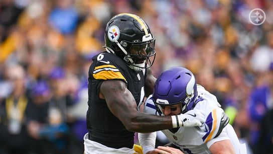 Steelers linebacker Patrick Queen sacks Minnesota Vikings quarterback Carson Wentz during Pittsburgh's 24-21 win at Croke Park in Dublin, Ireland.