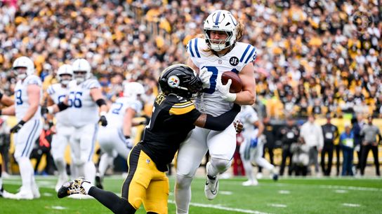 Steelers defensive back Jalen Ramsey makes a tackle on Colts tight end Tyler Warren during Pittsburgh's 27-20 win in Week 9 of the 2025 NFL Season.