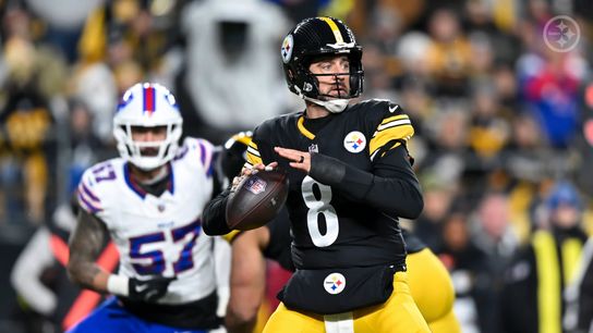 Steelers quarterback Aaron Rodgers looks to throw during Pittsburgh's 26-7 loss to the Buffalo Bills in Week 13 of the 2025 NFL Regular Season.