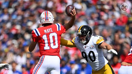 TJ Watt gets to Patriots' quarterback Drake Maye during their Week 3 battle in 2025.