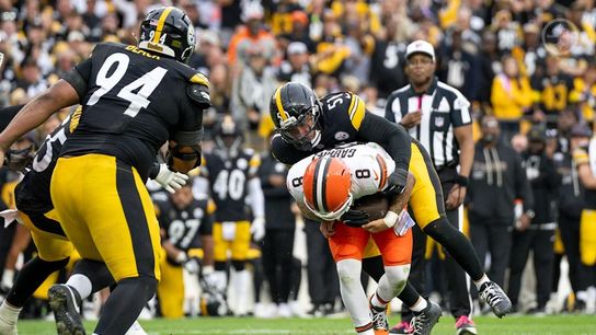 Steelers linebacker Nick Herbig (51) sacks Browns quarterback Dillon Gabriel (8) in a regular season game against the Cleveland Browns in Acrisure Stadium.