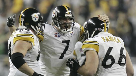 Former Steelers quarterback Ben Roethlisberger (7) and former offensive lineman Alan Faneca (66) during Super Bowl XL between the Pittsburgh Steelers and Seattle Seahawks.