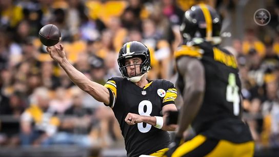 Steelers quarterback Aaron Rodgers (8) throws a pass to wide receiver DK Metcalf (4) in a regular season game against the Cleveland Browns.