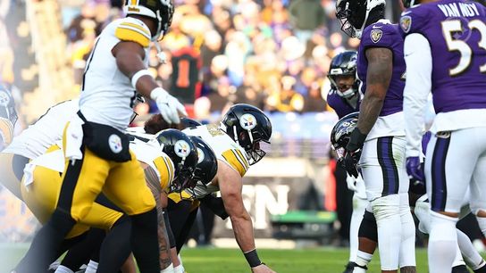 The Pittsburgh Steelers offensive line during a regular season matchup between the Pittsburgh Steelers and Baltimore Ravens. The Pittsburgh Steelers offensive line during a regular season matchup between the Pittsburgh Steelers and Baltimore Ravens.