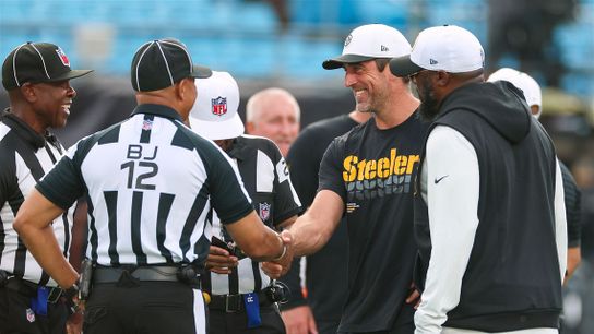 Steelers' Quarterback Aaron Rodgers and Head Coach Mike Tomlin prior to a 2025 preseason game against the Carolina Panthers. Steelers Aaron Rodgers and Mike Tomlin