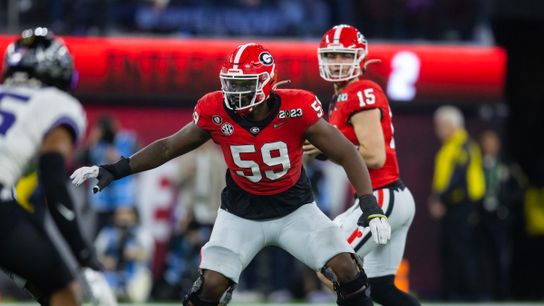 Broderick Jones playing left tackle for the University of Georgia during their blowout victory against TCU in the 2023 College Football Playoff National Championship Game