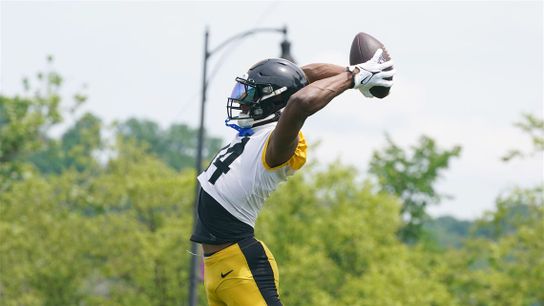 George Pickens makes an acrobatic catch during Steelers training camp in Latrobe in 2024