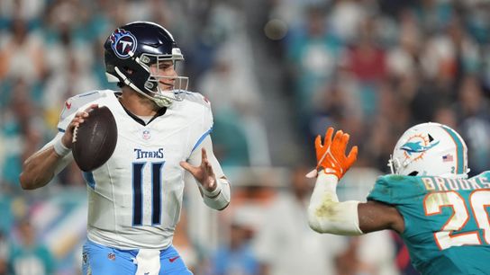 Former Titans quarterback Mason Rudolph evades a sack during a ame against the Miami Dolphins on Monday Night Football on Septermber 30, 2024.
