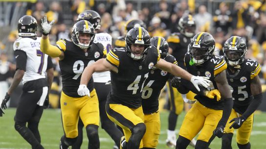 Steelers linebacker Payton Wilson celebrates after his interception of Ravens quarterback Lamar Jackson during a game on November 17, 2024 in Acrisure Stadium.