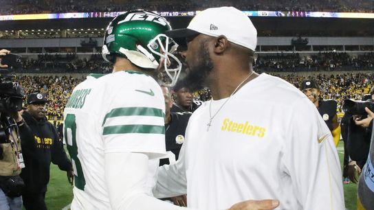 Former Jets quarterback Aaron Rodgers and Steelers head coach Mike Tomlin share words after their matchup on October 20, 2024.