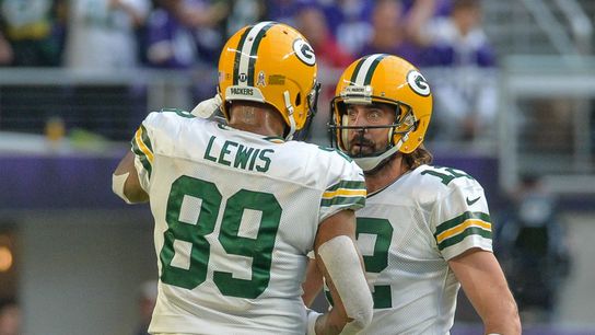 Aaron Rodgers and Marcedes Lewis in action against the Minnesota Vikings during their their time with the Green Bay Packers