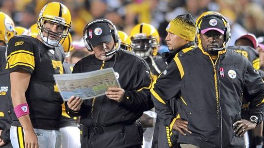 Steelers quarterback Ben Roethlisberger (7) discussing a play with Offensive Coordinator Bruce Arians during the first quarter of a game against the San Diego Chargers on Sun., Oct 4, 2009 at Heinz Field.
