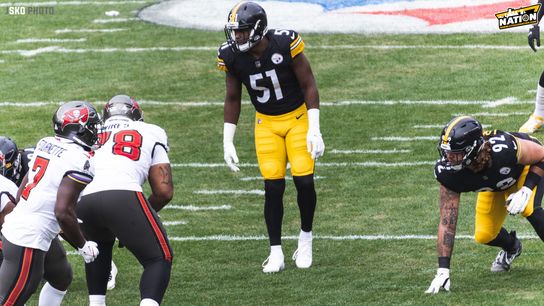 Steelers linebacker, Myles Jack (#55) lines up on defense prior to a snap against the Tampa Bay Buccaneers at Acrisure Stadium in Pittsburgh, PA. | Photo Credit: Jordan Schofield / SteelerNation (Twitter: @JSKO_PHOTO)