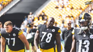 Pittsburgh Steelers wide receiver Miles Boykin (13) warms up wearing a  patch on his uniform for the 50th anniversary of the Immaculate Reception  before an NFL football game against the Las Vegas