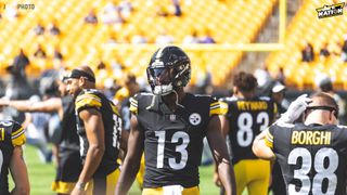 Pittsburgh Steelers wide receiver Miles Boykin (13) warms up wearing a  patch on his uniform for the 50th anniversary of the Immaculate Reception  before an NFL football game against the Las Vegas