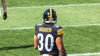 Pittsburgh Steelers wide receiver Miles Boykin (13) warms up wearing a  patch on his uniform for the 50th anniversary of the Immaculate Reception  before an NFL football game against the Las Vegas