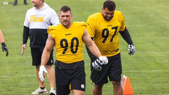 Pittsburgh Steelers defensive captains, TJ  Watt (#90) and Cam Heyward (#97) participate during 2022 training camp in Latrobe, PA. | Jordan Schofield / SteelerNation (Twitter: @JSKO_PHOTO)
