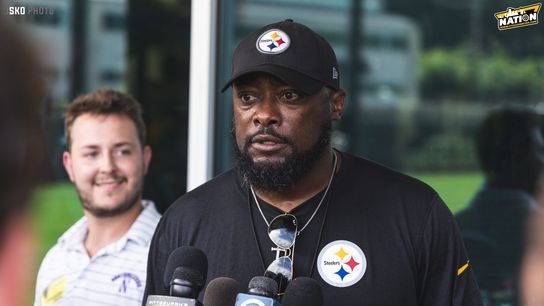 Steelers head coach, Mike Tomlin talks to reporters after a practice during 2022 training camp at St. Vincent College in Latrobe, PA. | Credit: Jordan Schofield/SteelerNation (@JSKO_PHOTO Twitter)