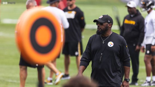 Pittsburgh Steelers head coach, Mike Tomlin looks on during training camp at Saint Vincent College in Latrobe, PA in July 2022. | Twitter: @JSKO_PHOTO
