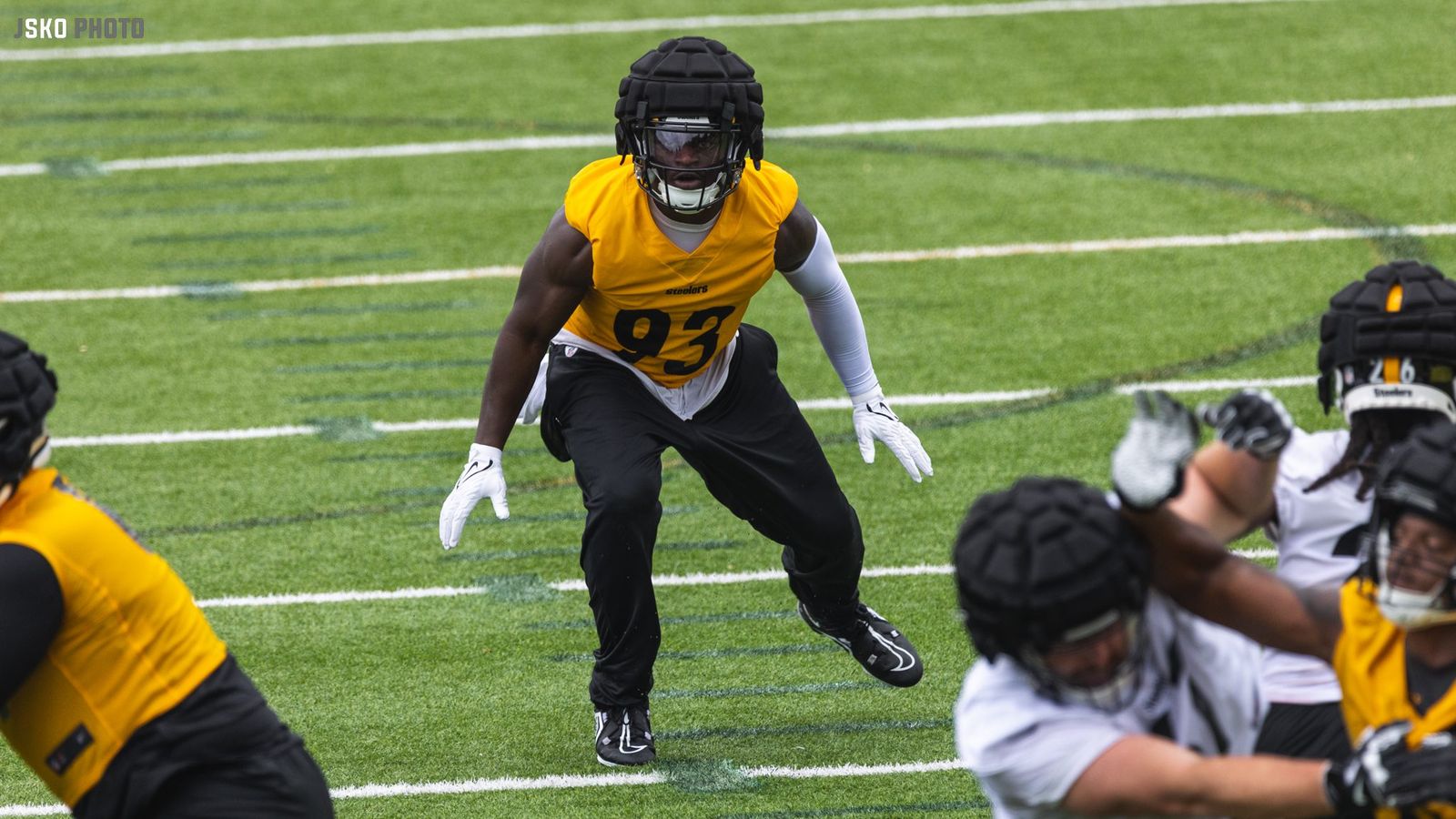 Pittsburgh Steelers linebacker Mark Robinson (93) works during the first  half of an NFL preseason football game against the Atlanta Falcons,  Thursday, Aug. 24, 2023, in Atlanta. The Pittsburgh Steelers won 24-0. (