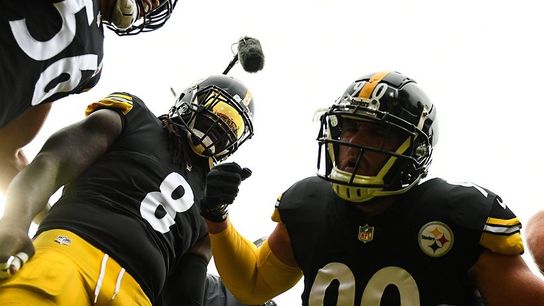 Steelers.com | Melvin Ingram III (8) and TJ Watt (90) during their pregame routine vs the Buffalo Bills on September 12th, 2021 at Highmark Stadium, NY.
