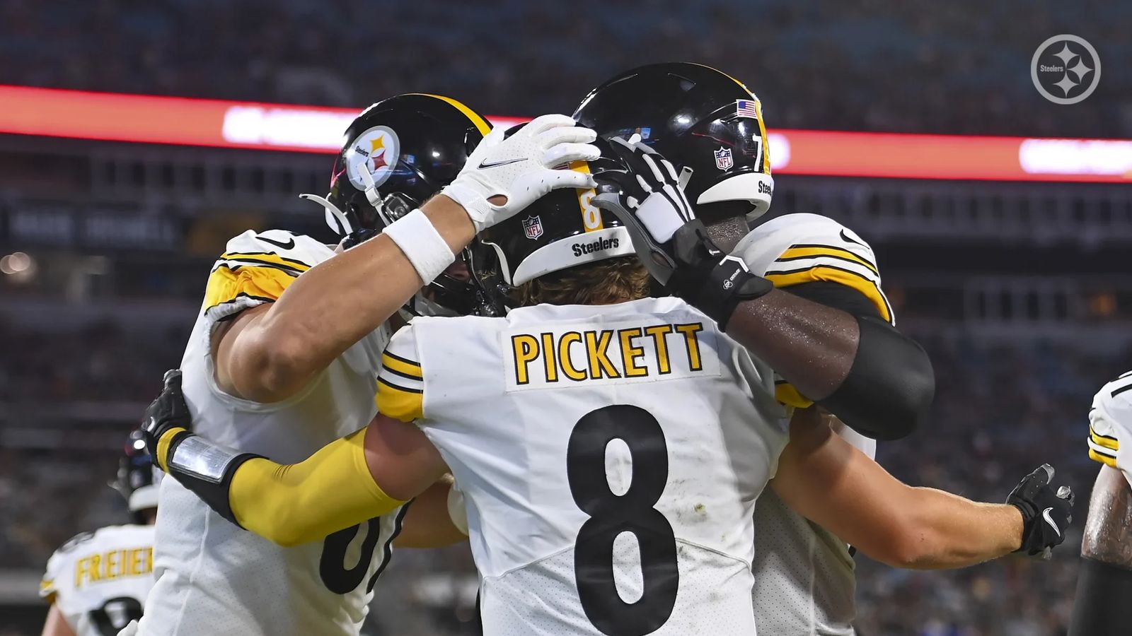 Pittsburgh Steelers defensive end DeMarvin Leal (98) sets up for a play  during the first half of a preseason NFL football game against the  Jacksonville Jaguars, Saturday, Aug. 20, 2022, in Jacksonville