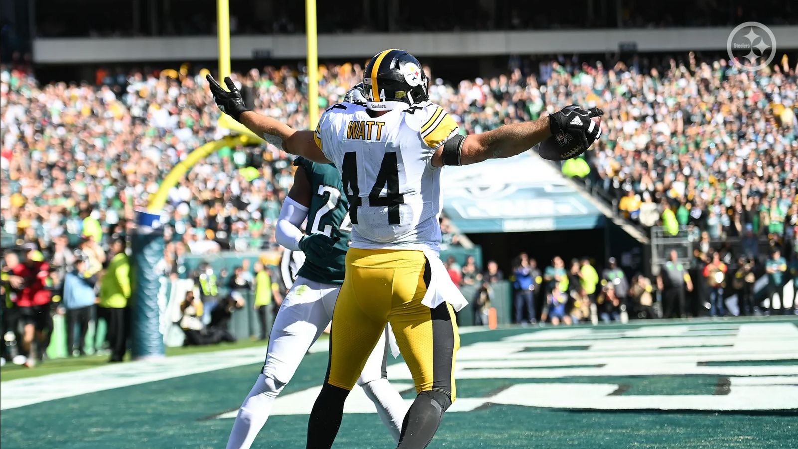 Pittsburgh Steelers fullback Derek Watt (44) is congratulated by linebacker  T.J. Watt (90) during the second half of an NFL football game against the  Buffalo Bills in Orchard Park, N.Y., Sunday, Sept.