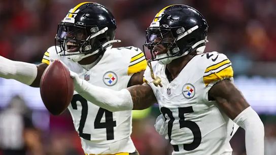 Steelers defenders Joey Porter Jr. (24) and DeShon Elliott (25) during a regular season away game in 2024.