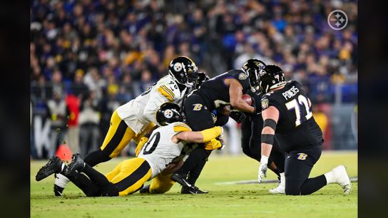 Pittsburgh Steelers DE DeMarvin Leal and OLB T.J. Watt combine to make a tackle in a 16-13 win vs The Baltimore Ravens.  /