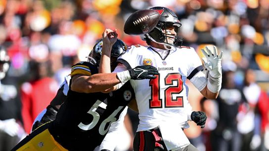 Alex Highsmith (56) of the Pittsburgh Steelers forces a fumble by Tom Brady (12) formerly of the Tampa Bay Buccaneers