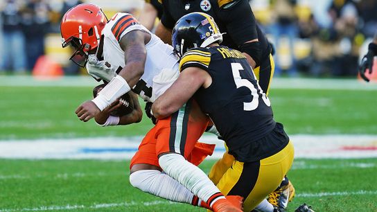 Steelers' rivals Cleveland Browns quarterback Deshaun Watson (4) is sacked by Pittsburgh Steelers linebacker Alex Highsmith (56)