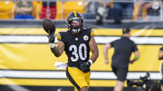 Steelers running back Jaylen Warren (#30) after scoring a touchdown in Pittsburgh's victory over the Buffalo Bills during the 2023 preseason